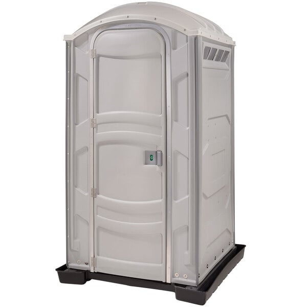 A white PolyJohn portable toilet with a green lid on a stand.