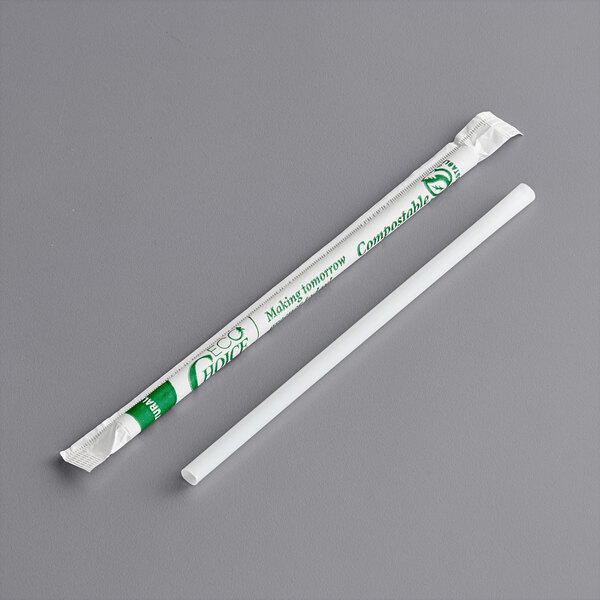 A white EcoChoice giant compostable straw in a green wrapper next to a white straw.