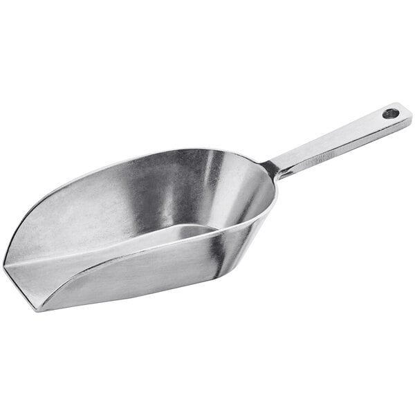 A silver metal Choice flat bottom aluminum scoop with a handle.