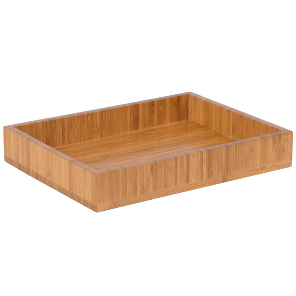 A Cal-Mil bamboo display tray with a wooden surface and square edges.