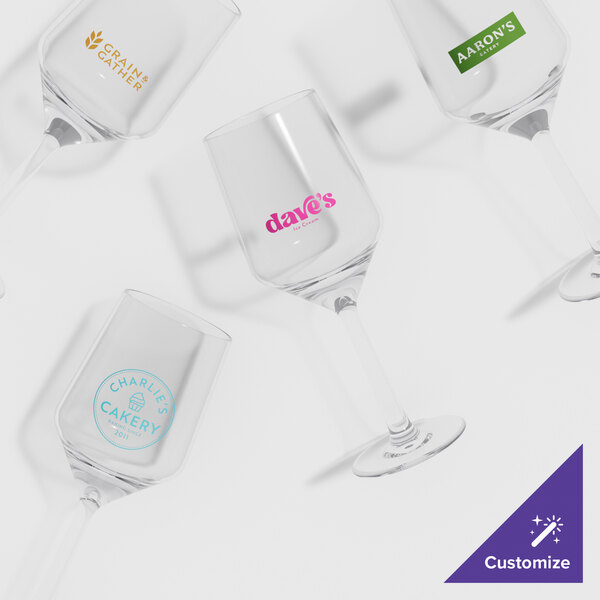 A group of GET plastic wine glasses with a custom logo.