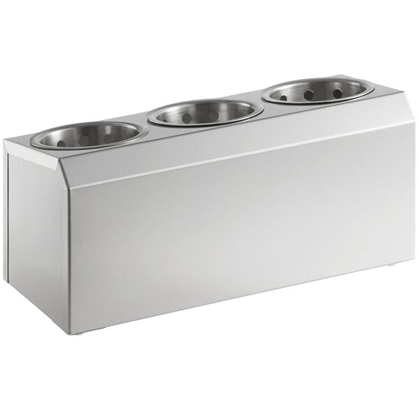 A stainless steel flatware organizer with three holes.