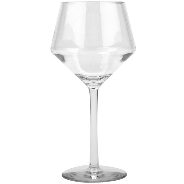 A clear wine glass with a stem.