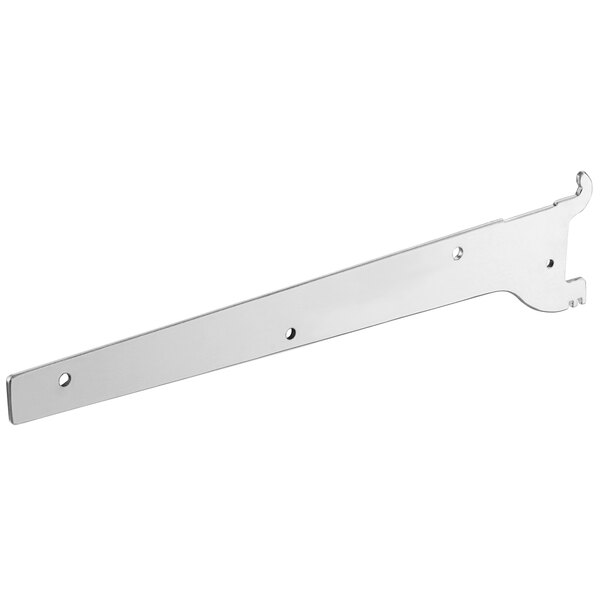 A silver metal shelf support bar with a hole in the middle.