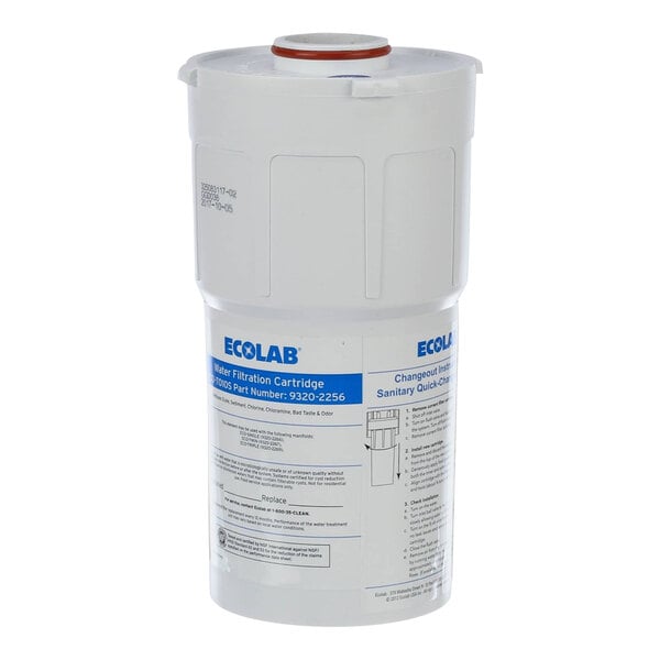 A white plastic container with blue labels for an Ecolab water filter cartridge.