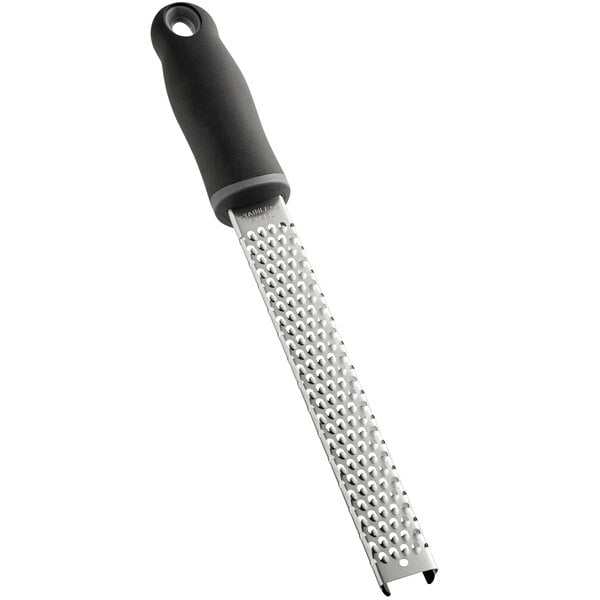 A Choice stainless steel handheld grater with a black handle.