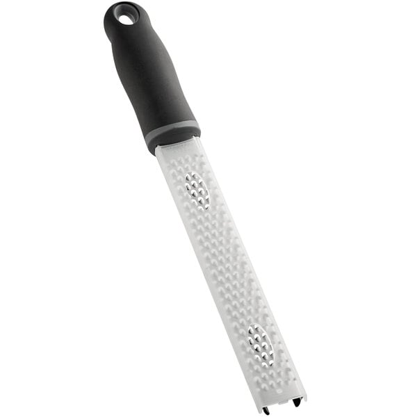 A Choice stainless steel handheld grater with a black handle and white plastic accents.
