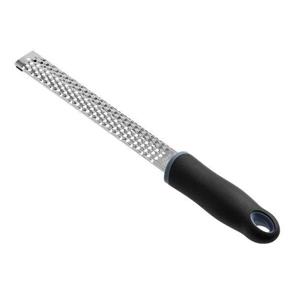 A stainless steel fine handheld grater with a non-slip black handle.