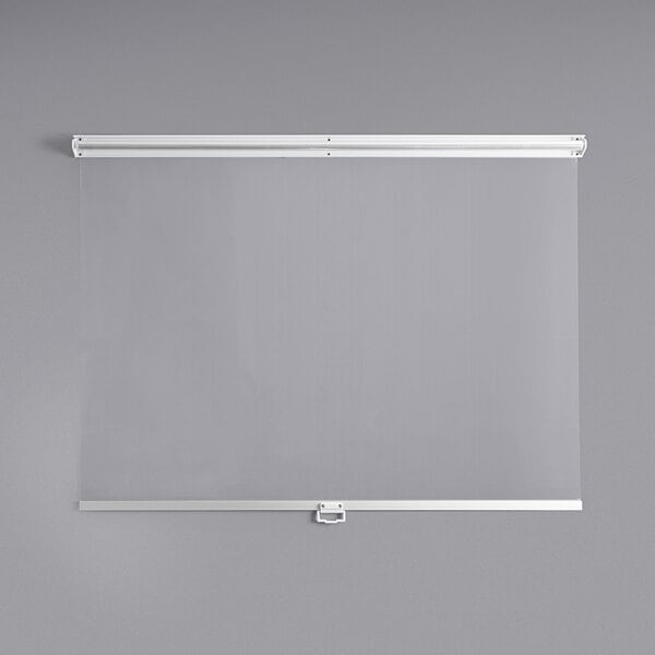 A white screen with a silver frame.