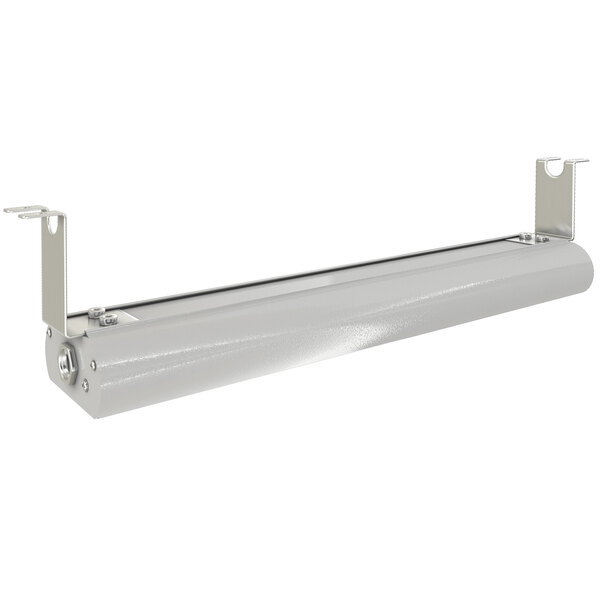 A chrome strip warmer with a white metal light fixture and a screw on the side.