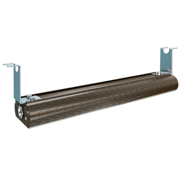 A brown metal cylinder with metal brackets on a brown metal shelf.