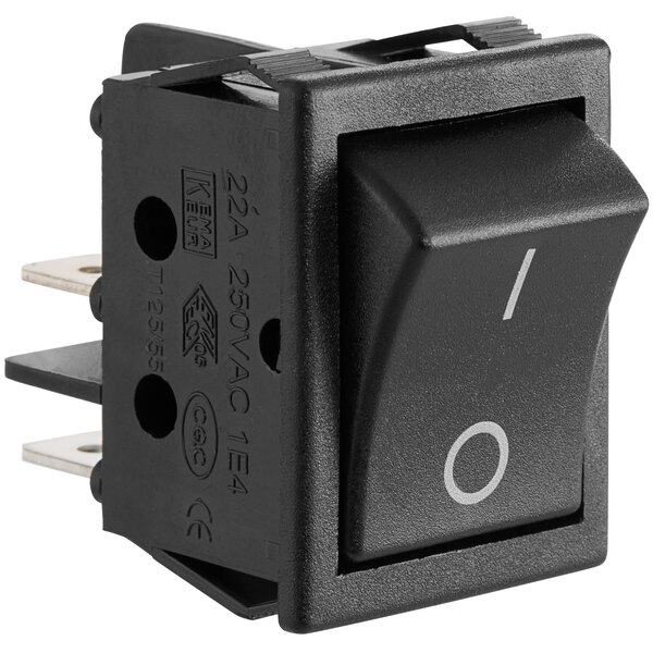 An Avantco black rocker switch with white text on it.