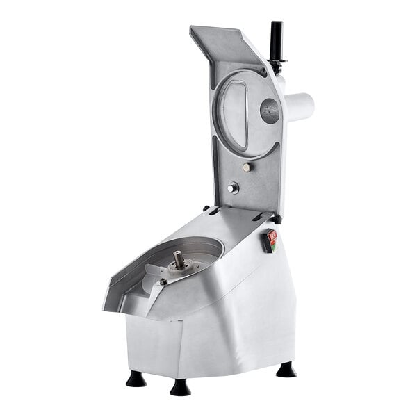 An industrial food processor with a continuous feed design and an open lid, made of stainless steel.