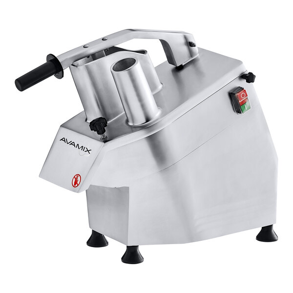 A stainless steel continuous feed food processor with a handle and control switch.