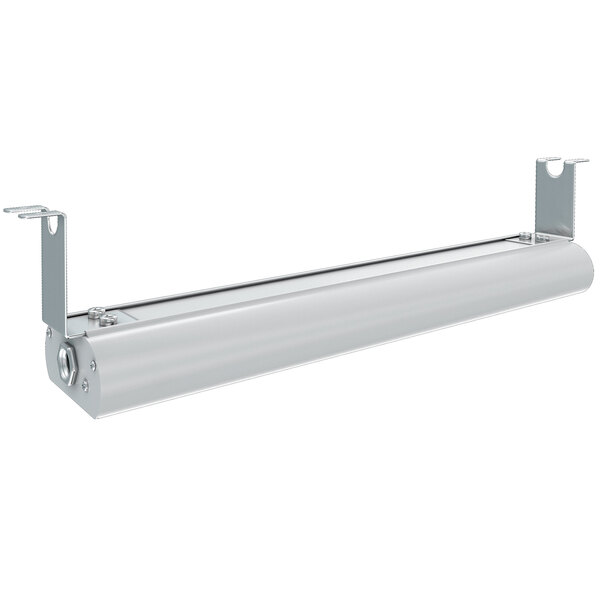 A long white metal rectangular object with a silver metal strip.