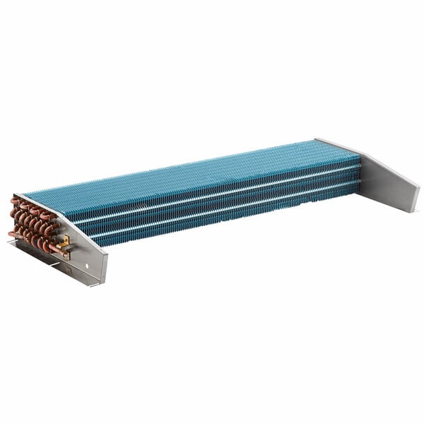 An Avantco evaporator coil for air curtain merchandisers with copper tubing and a blue fan.