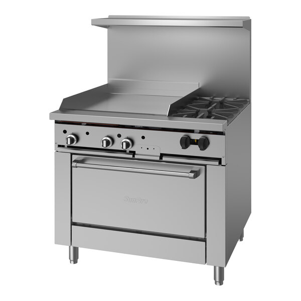 A stainless steel Garland SunFire series gas range with a door.