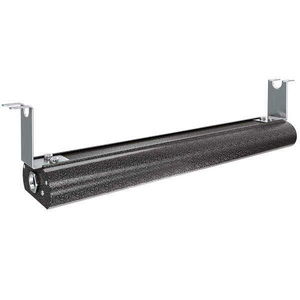 A black metal cylinder with metal brackets on a black shelf.