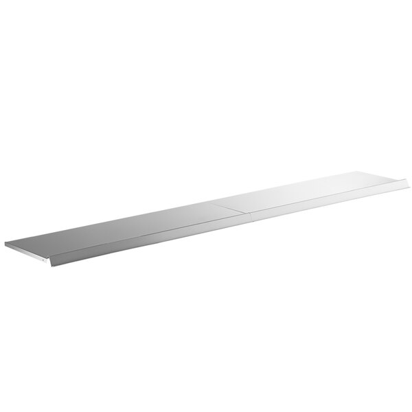 A white rectangular metal shelf with long metal strips on the sides.