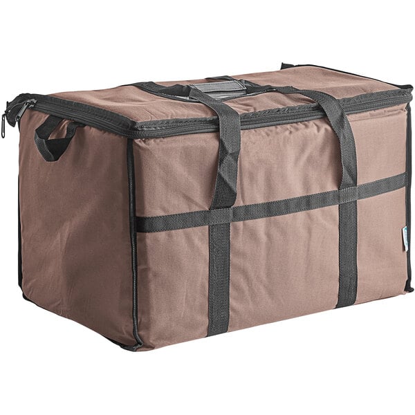 A brown insulated cooler bag with black straps.