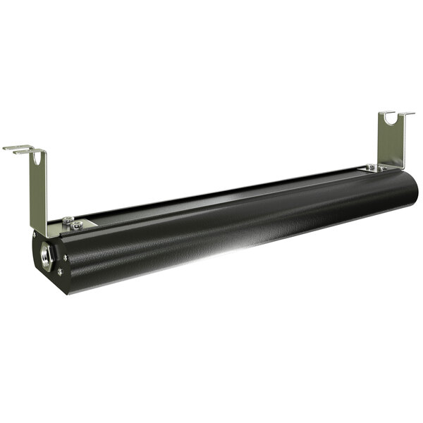 A black metal tube with metal brackets.