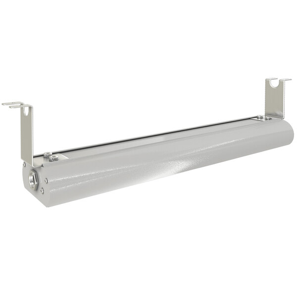 A Vollrath low profile chrome strip warmer with a white metal handle and screw on the side.