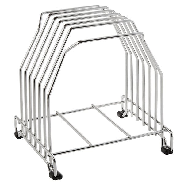 A chrome San Jamar cutting board rack with four metal racks on wheels.
