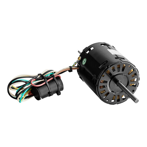 A black Manitowoc Ice fan motor with wires attached.