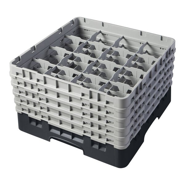 A black and gray 16-compartment glass rack with five extenders, designed for washing and storing glassware.