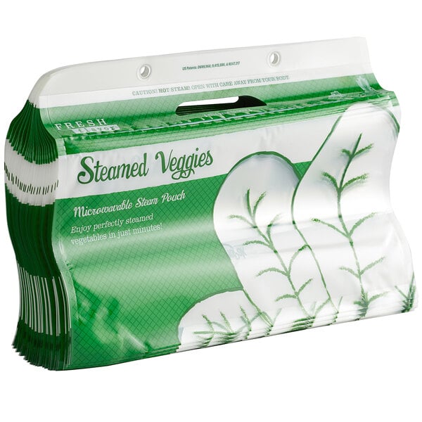 A green and white "Fresh Flavor" steam pouch of vegetables.