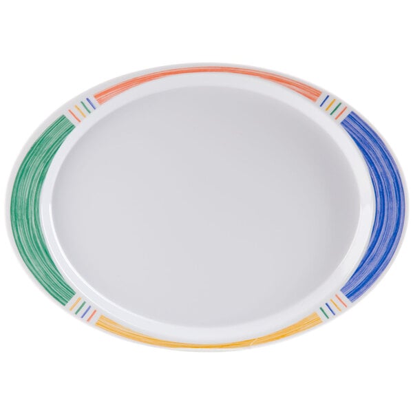 A white oval platter with colorful diamond stripes.