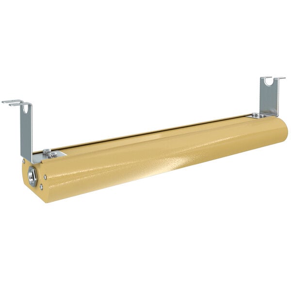 A close-up of a yellow brass tube with metal brackets.