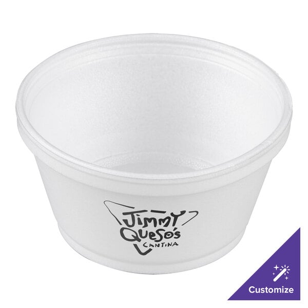 A white Dart foam container with black text that reads "8 oz." and "Extra Squat" on the side.