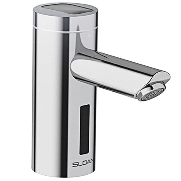 A close-up of a Sloan chrome hands free faucet with a black display.