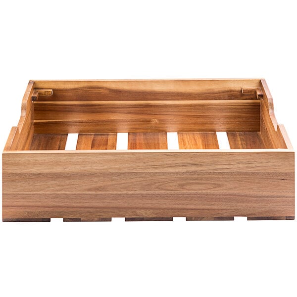 A Tablecraft acacia wood food box with four compartments.
