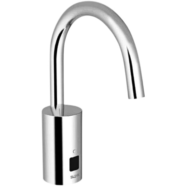 A Sloan chrome gooseneck sensor faucet with a black screen.