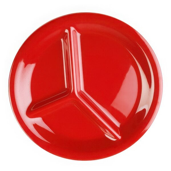 A red Thunder Group 3-compartment melamine plate.