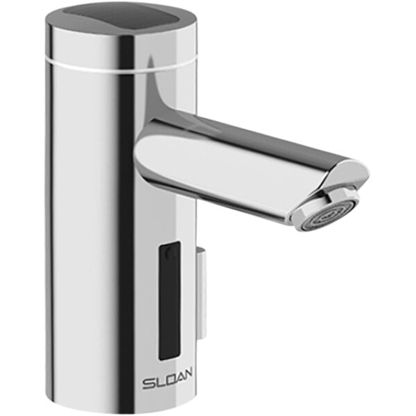 A stainless steel Sloan Optima deck mounted sensor faucet with a black button.