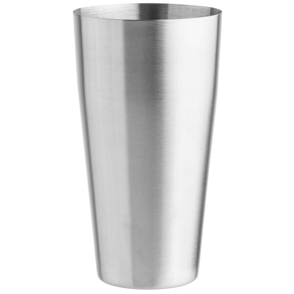 A close-up of a silver Tablecraft stainless steel cocktail shaker tin.