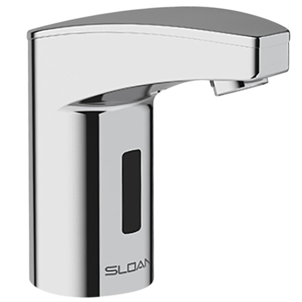 A silver Sloan Optima deck mounted faucet with a black button.