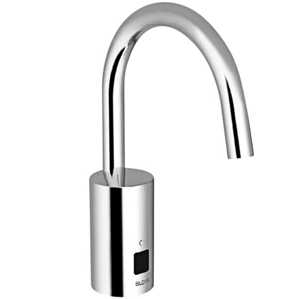 A Sloan polished chrome gooseneck sensor faucet with a black sensor.
