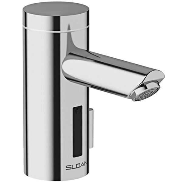 A close-up of a silver Sloan Optima Bluetooth deck mounted sensor faucet.