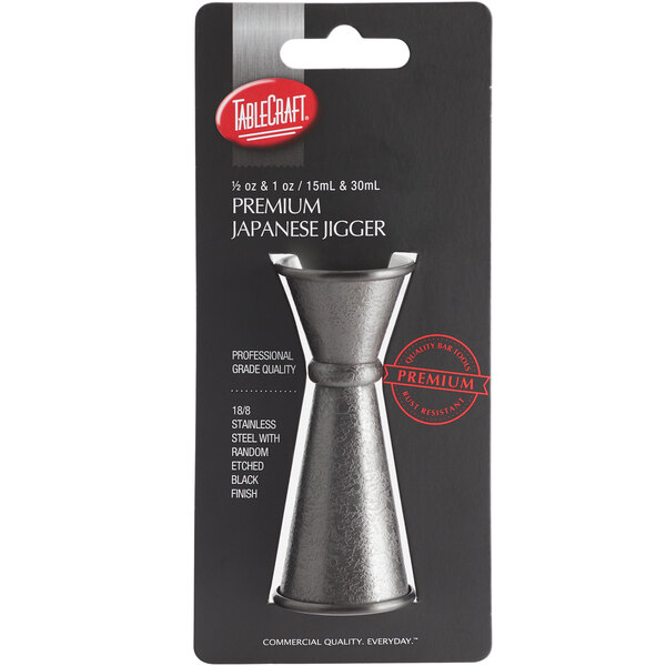 A package of Tablecraft black stainless steel Japanese jiggers.