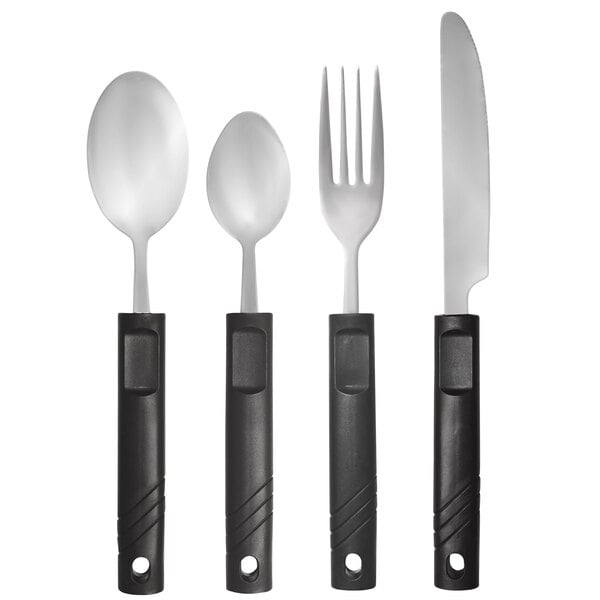 A Richardson Products Inc. 4-piece adaptive utensil set with black plastic handles including a fork, knife, and spoon.