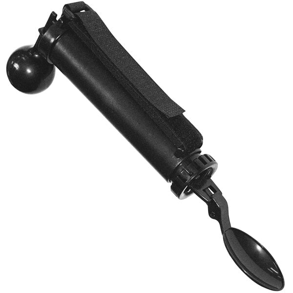 A black plastic device with a black handle and a spoon.