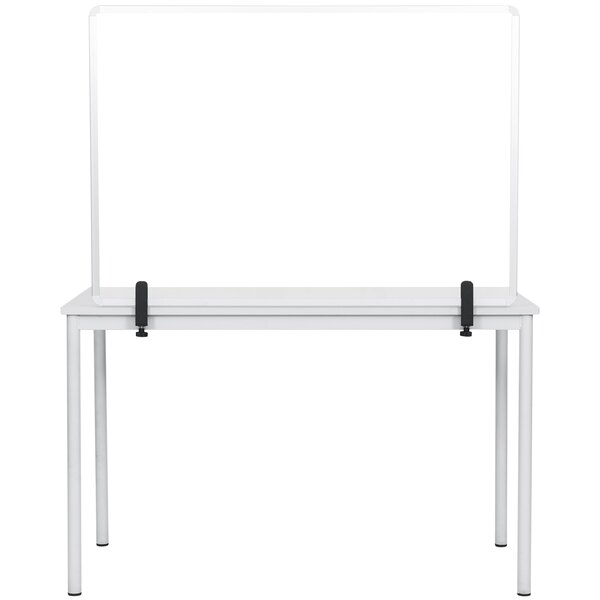 A MasterVision glass safety shield with clamps on a white surface.
