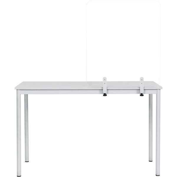 A white table with a MasterVision glass safety shield clamped to the edge.
