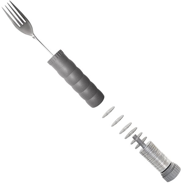 A white Richardson Products Inc. adaptive fork with an adjustable weighted handle.