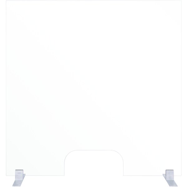 A rectangular frameless glass shield on metal holders.