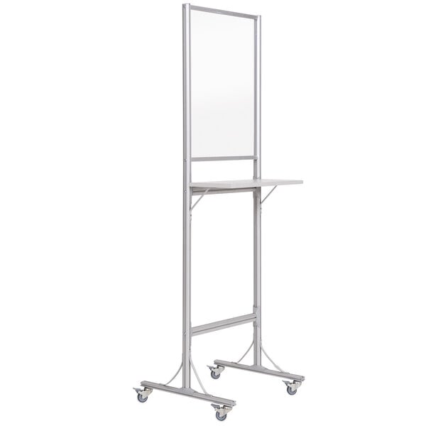A MasterVision white metal standing desk with a white board on wheels.
